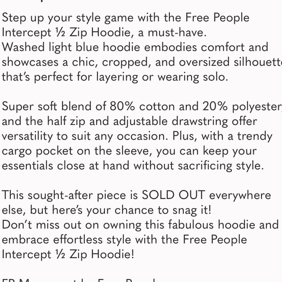 Free People! FP Movement Intercept 1/2 Zip Hoodie In Light Blue Cargo NWT! - Picture 6 of 9